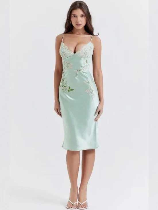 House of CB Fallon Light Jade Embroidered Satin Slip Dress - Picture 4 of 6